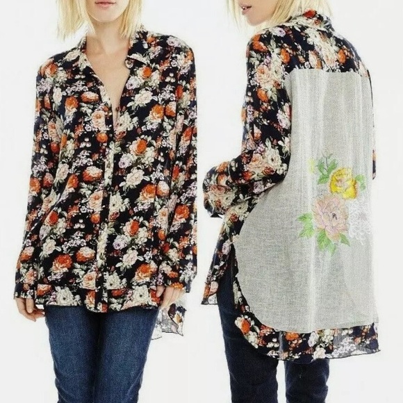 Aratta Flower Power Shirt Embroidered Hi Low Hem button down blouse - Picture 1 of 15
